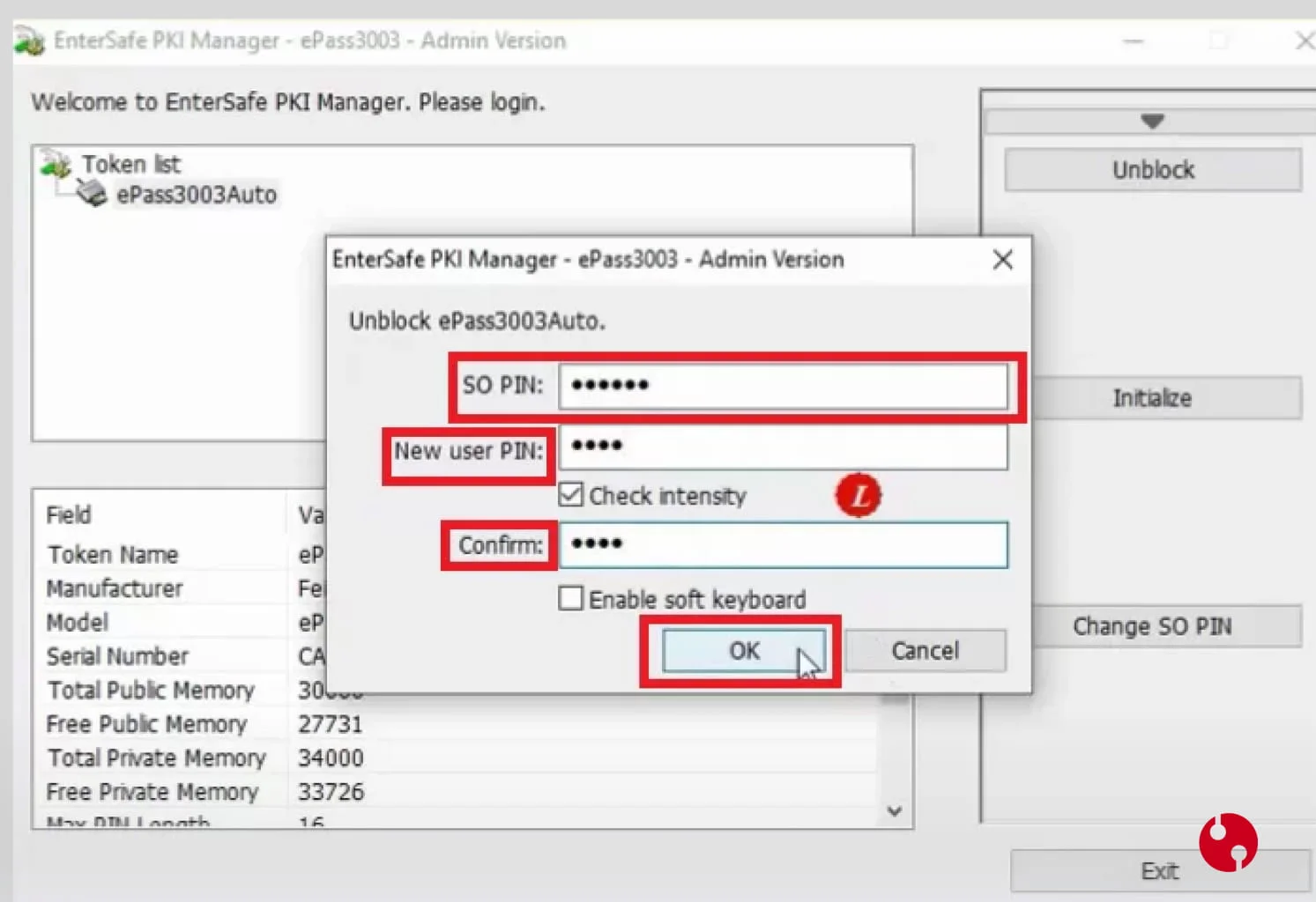 so pin توکن epass3003 با نرم‌افزار admin
