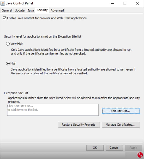 تغییر security جاوا برای exception list