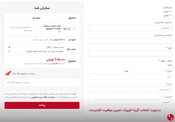 تکمیل فرم فاکتور فروش محصول epass3003 فروشگاه rsa.ir