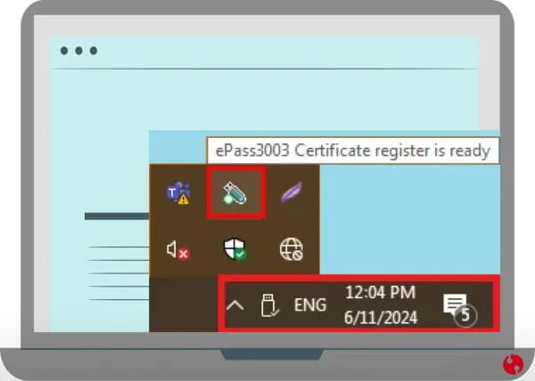 مشاهده آیکون توکن epass3003 در کنار ساعت رایانه