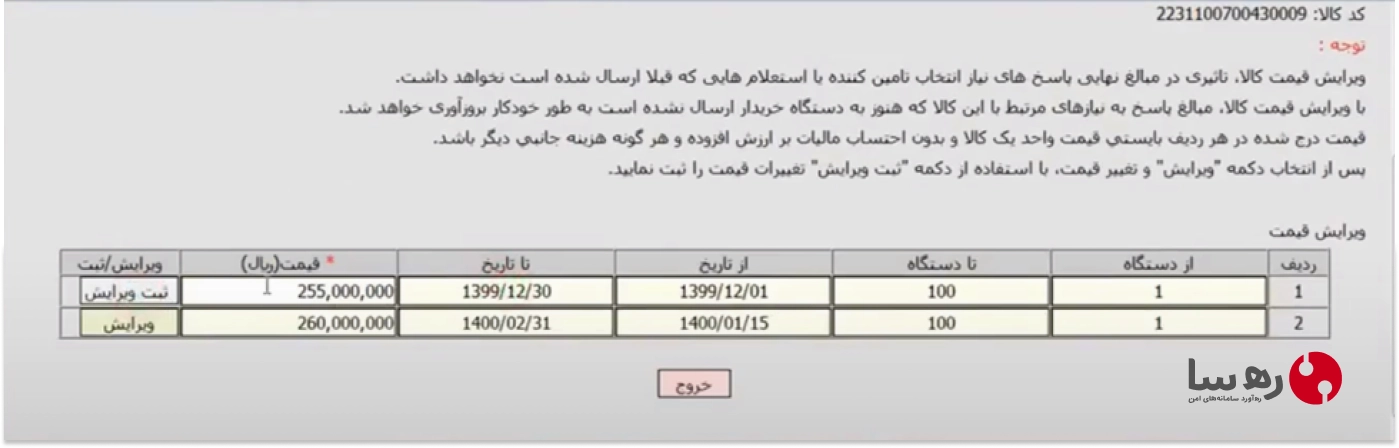 مشاهده جدول و لیست کالاهای ثبت شده و تعیین قیمت شده با ایران کد