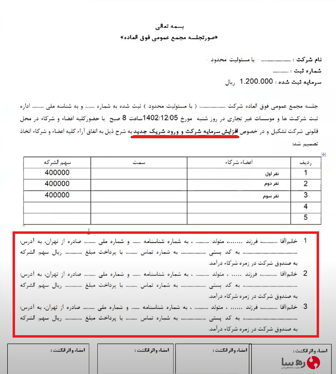 نحوه ذکر اعضای شریک در شرکت در وضعیت فعلی جهت افزایش سرمایه شرکت با اعضای جدید