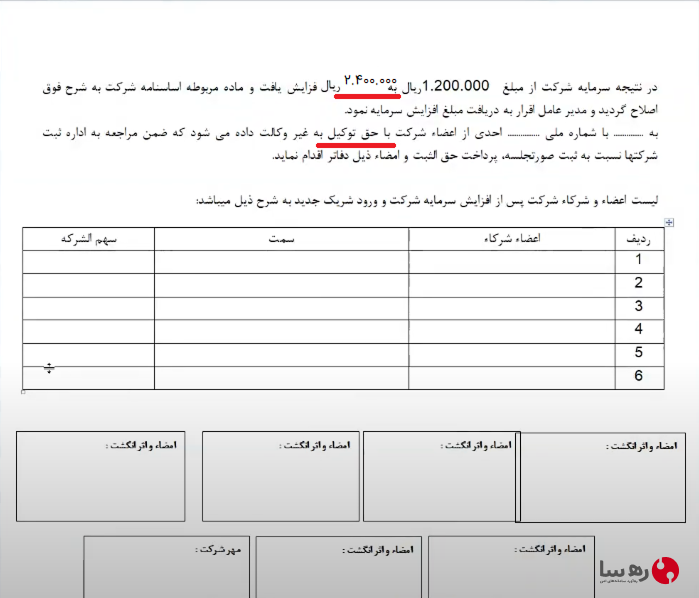 اضافه کردن سرمایه شرکت و ذکر اعضای جدید شریک و سهم القدر هر کدام