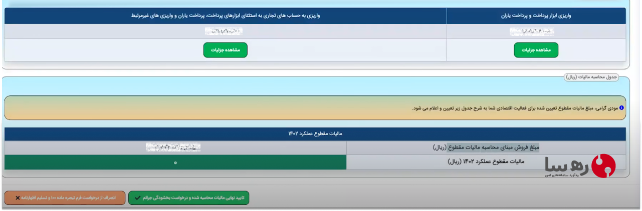 مشاهده مبلغ درآمد، مبلغ فروش که مبنای محاسبه مالیات مقطوع است برای ثبت در اظهارنامه مالیاتی تبصره 100