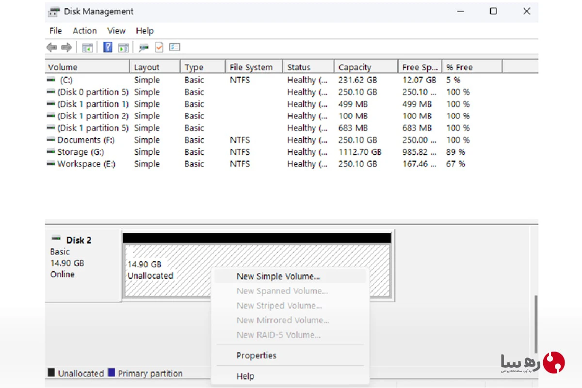 آموزش پارتیشن بندی هارد اکسترنال با انتخاب گزینه New Simple Volume در Disk Management