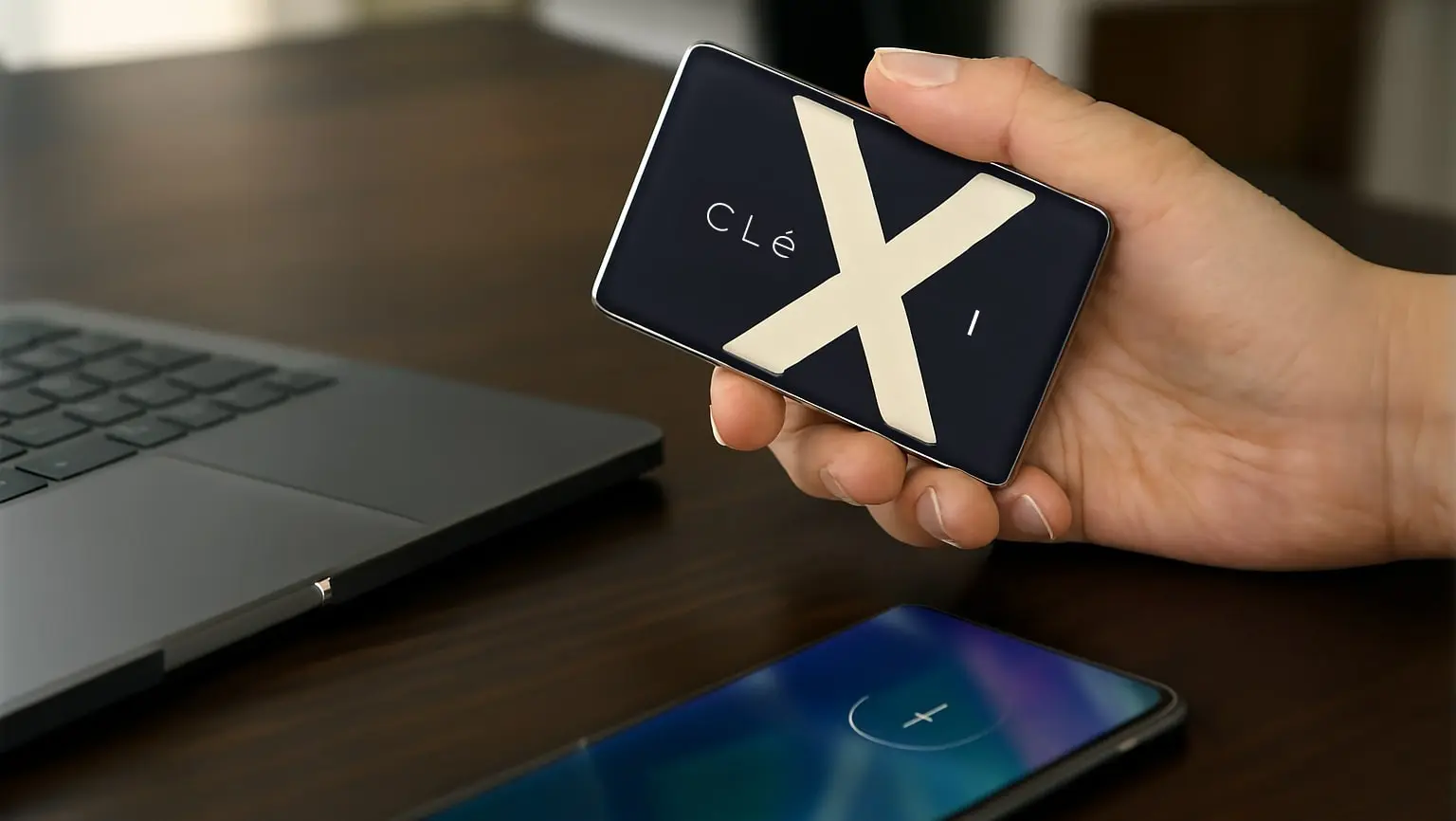 رمزگذاری داده هارد با حافظه SSD رمزنگاریشده Clexi روی دست کاربر کنار لپتاپ و موبایل
