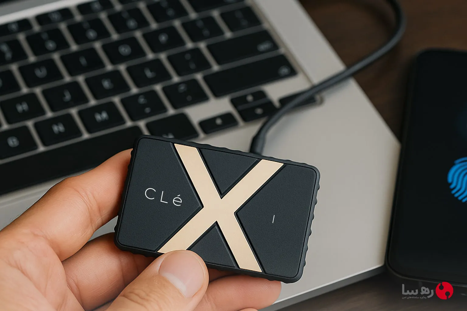 امنیت SSD رمزنگاری شده با Clexi در دست، در کنار لپ‌تاپ USB-C و موبایل بیومتریک