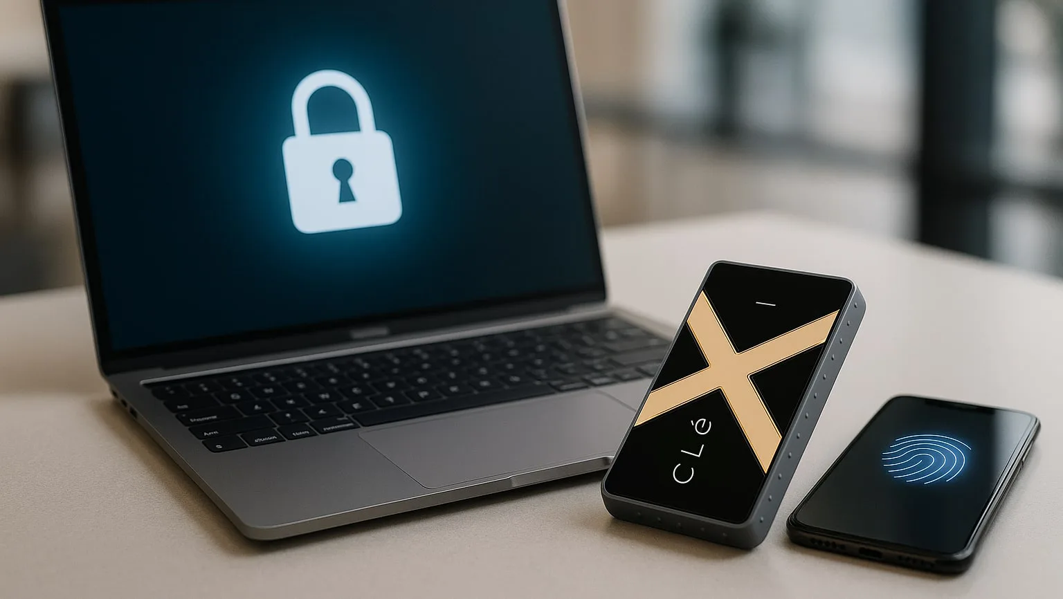 هارد SSD امن رمزدار Clexi، کنار لپتاپ و موبایل، با نمادهای قفل و رمزنگاری