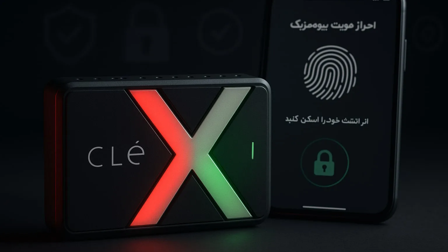 نمایش هارد اکسترنال بیومتریک SSD Clexi در کنار گوشی هوشمند با تأکید بر ابعاد کوچک و LED های رنگی X شکل