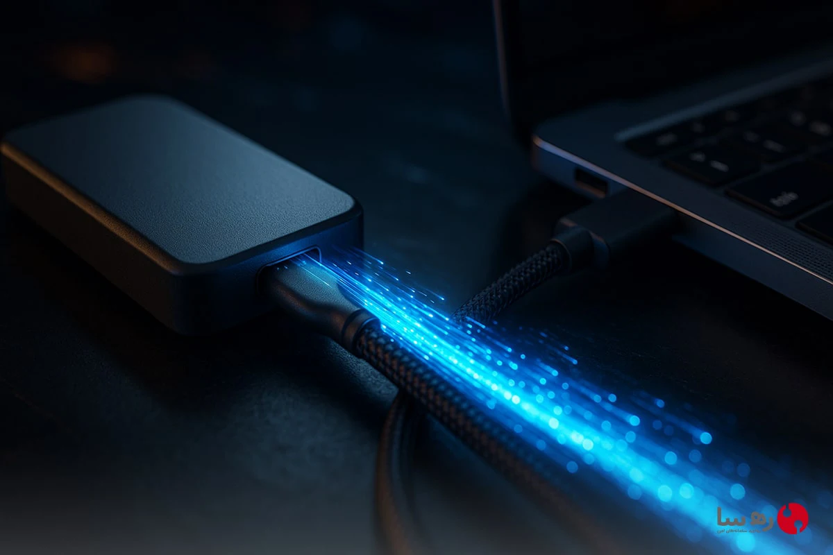 یک SSD NVMe اکسترنال متصل به لپ‌تاپ که نماد حافظه اکسترنال پرسرعت برای کارهای حرفه‌ای است