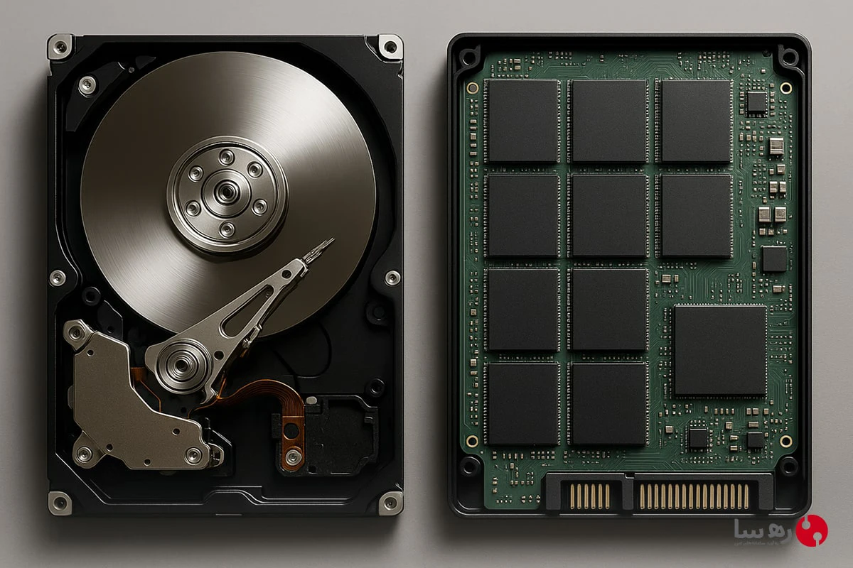 تصویری از داخل یک هارد HDD با دیسک چرخان در کنار ساختار داخلی یک حافظه SSD با تراشه‌های حافظه که تفاوت بنیادین آن‌ها را برای تشخیص حافظه SSD از HDD نشان می‌دهد.