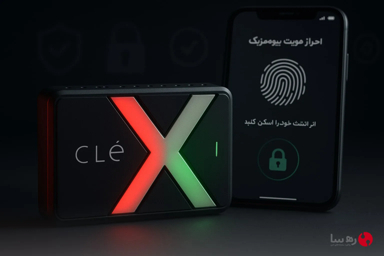 نمایش هارد اکسترنال بیومتریک SSD Clexi در کنار گوشی هوشمند با تأکید بر ابعاد کوچک و LED های رنگی X شکل