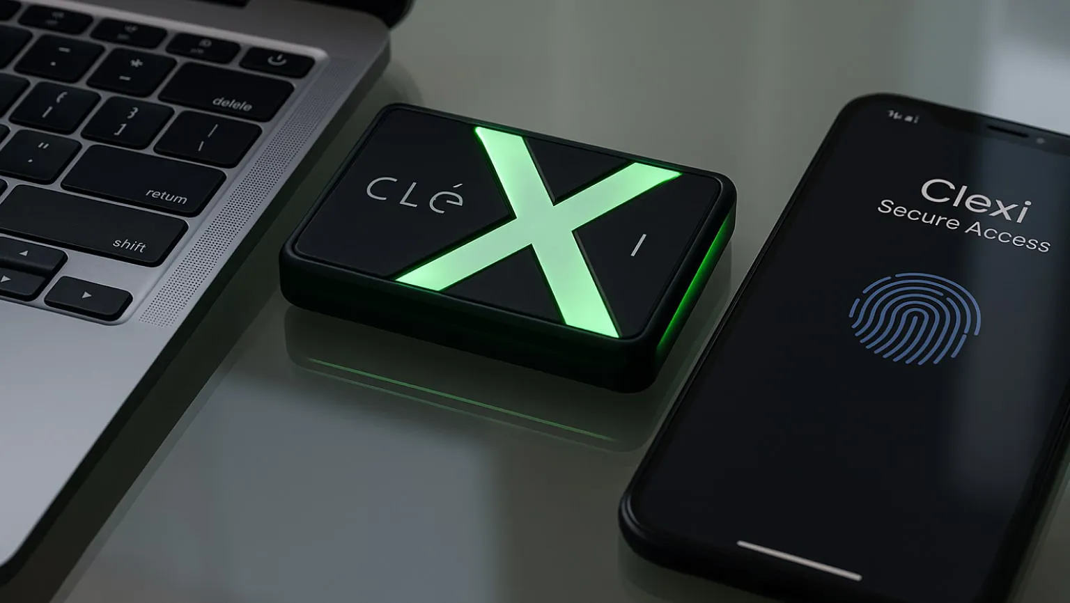 هارد SSD اکسترنال Clexi کوچک و سبک روی میز کار، در حال باز شدن قفل توسط اپلیکیشن موبایل با اثر انگشت