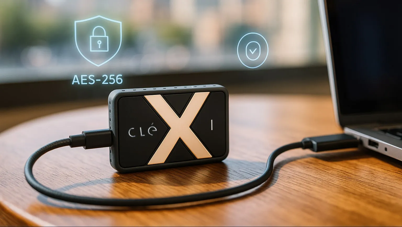 رمز هارد اکسترنال SSD در کنار لپتاپ USB-C و امنیت و رمزنگاری