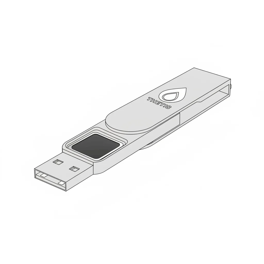 نمای کناری قفل امنیتی Thetis FIDO2 Fingerprint با طراحی باریک و قابل حمل سیاه و سفید