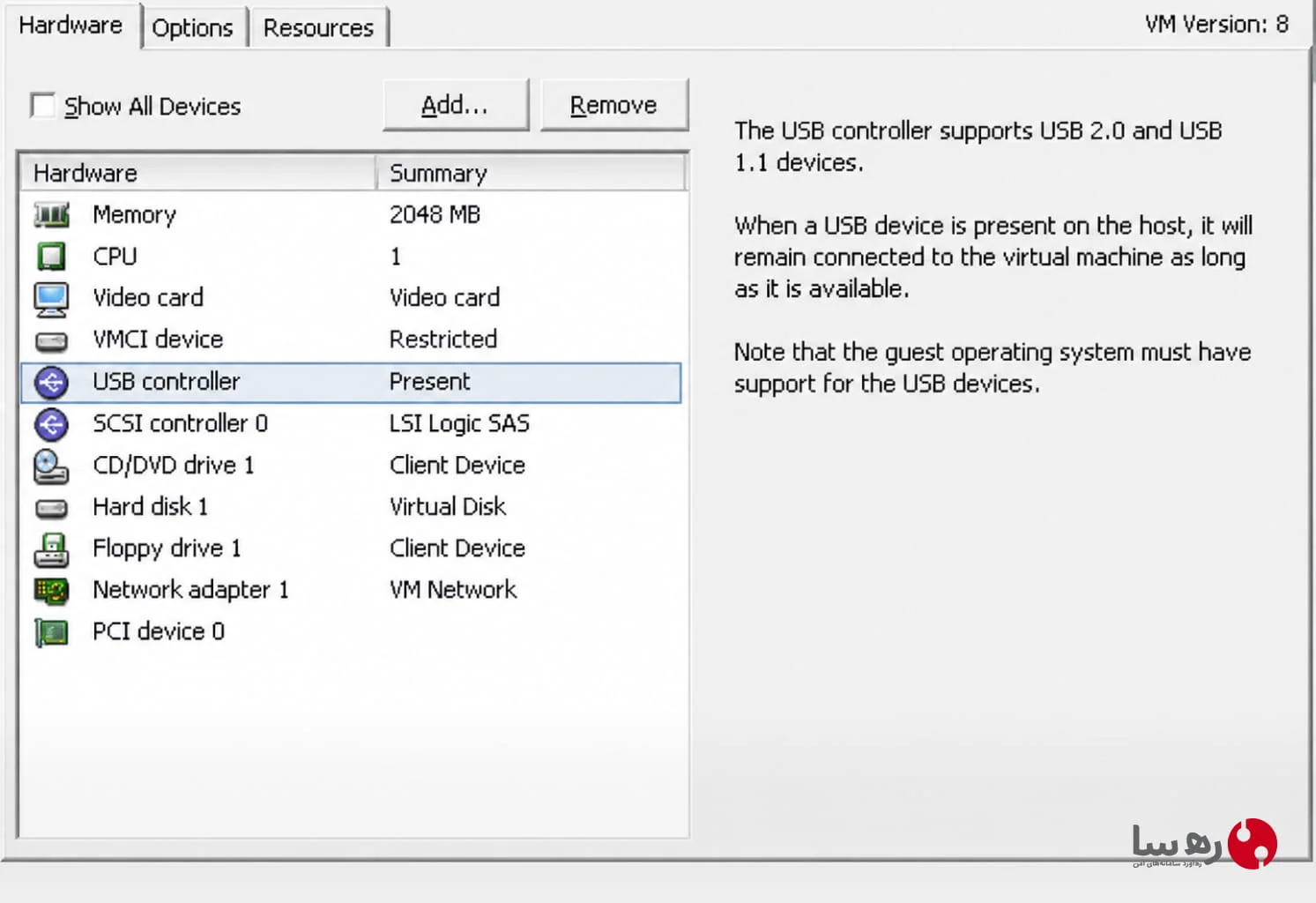 نحوه افزودن USB Controller به سخت‌افزار ماشین مجازی در ESXi برای اتصال توکن سخت‌افزاری epass3003