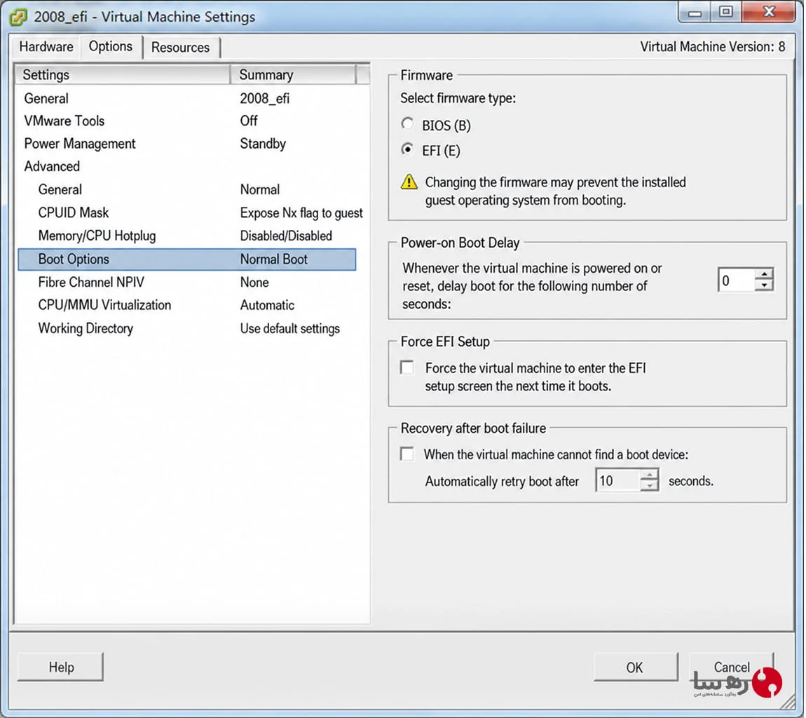 آموزش تغییر فریم‌ور ماشین مجازی از BIOS به UEFI در تنظیمات VMware برای رفع مشکل SCARD_STATE_MUTE